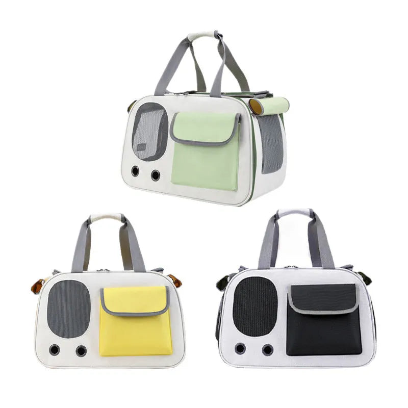 Foldable single shoulder pet carrier bag in canvas material shown in black, green and yellow colours