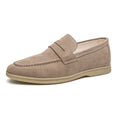 Men's black leather slip-on shoes with round toe and rubber sole on a white background