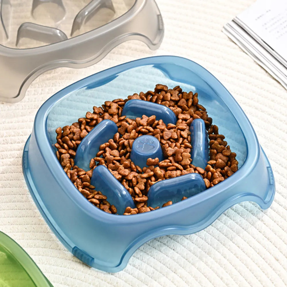 Plastic dog slow feeder bowl with maze pattern design in blue, grey, green or orange colours