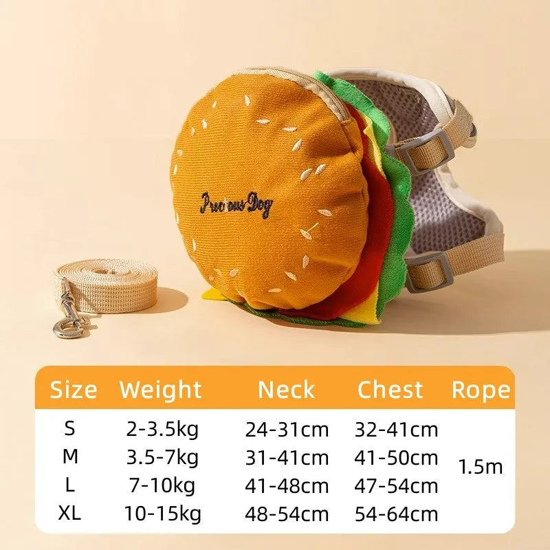Cartoon hamburger design adjustable escape-proof vest harness and leash for a dog on a walk.