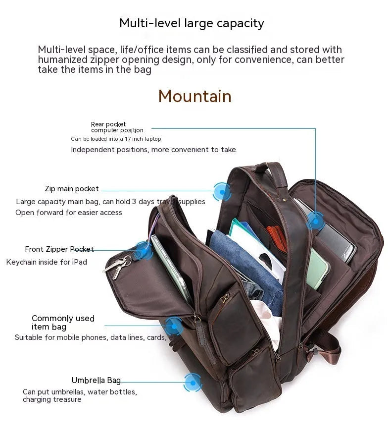 Dark brown retro crazy horse leather backpack for men with double shoulder straps, open front pocket.