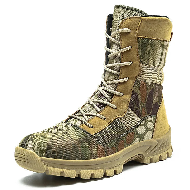 Men's black and camouflage high-top sports boots with mesh upper and totem detail.