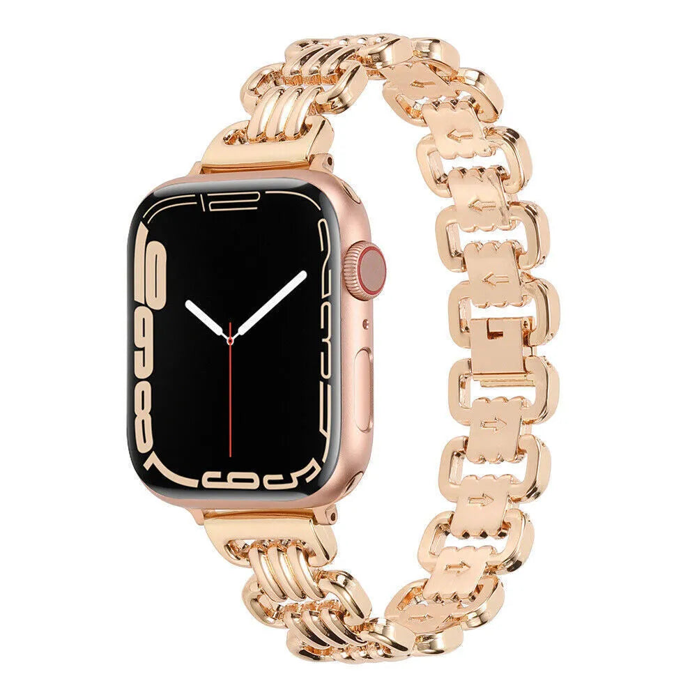 Silver alloy metal replacement bracelet for an Apple Watch, shown alongside black, gold, rose gold, and Starlight colour options.