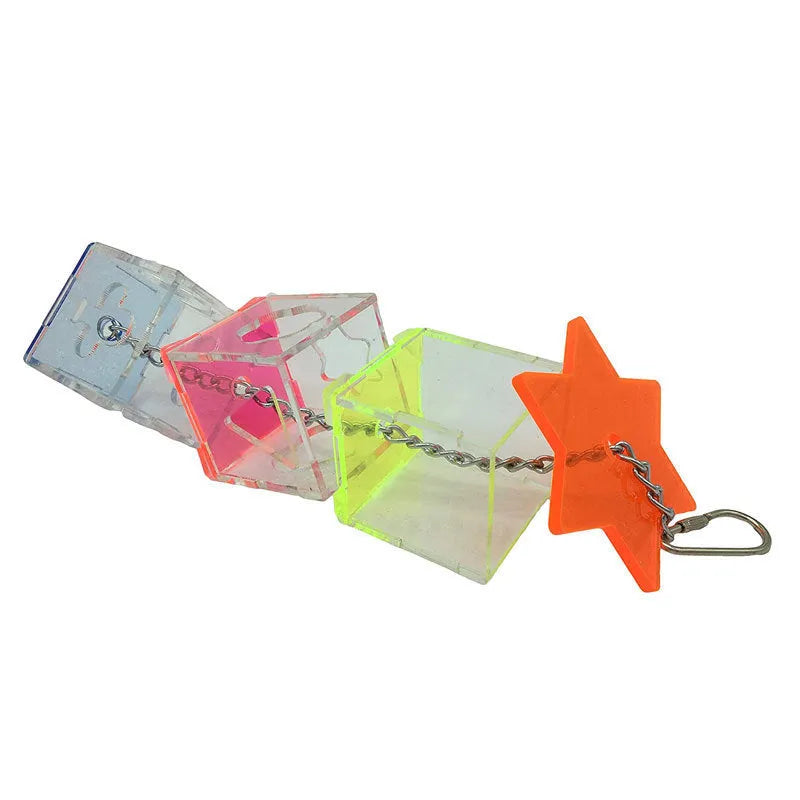 Clear acrylic parrot foraging toy, 32 cm long, for holding bird treats.