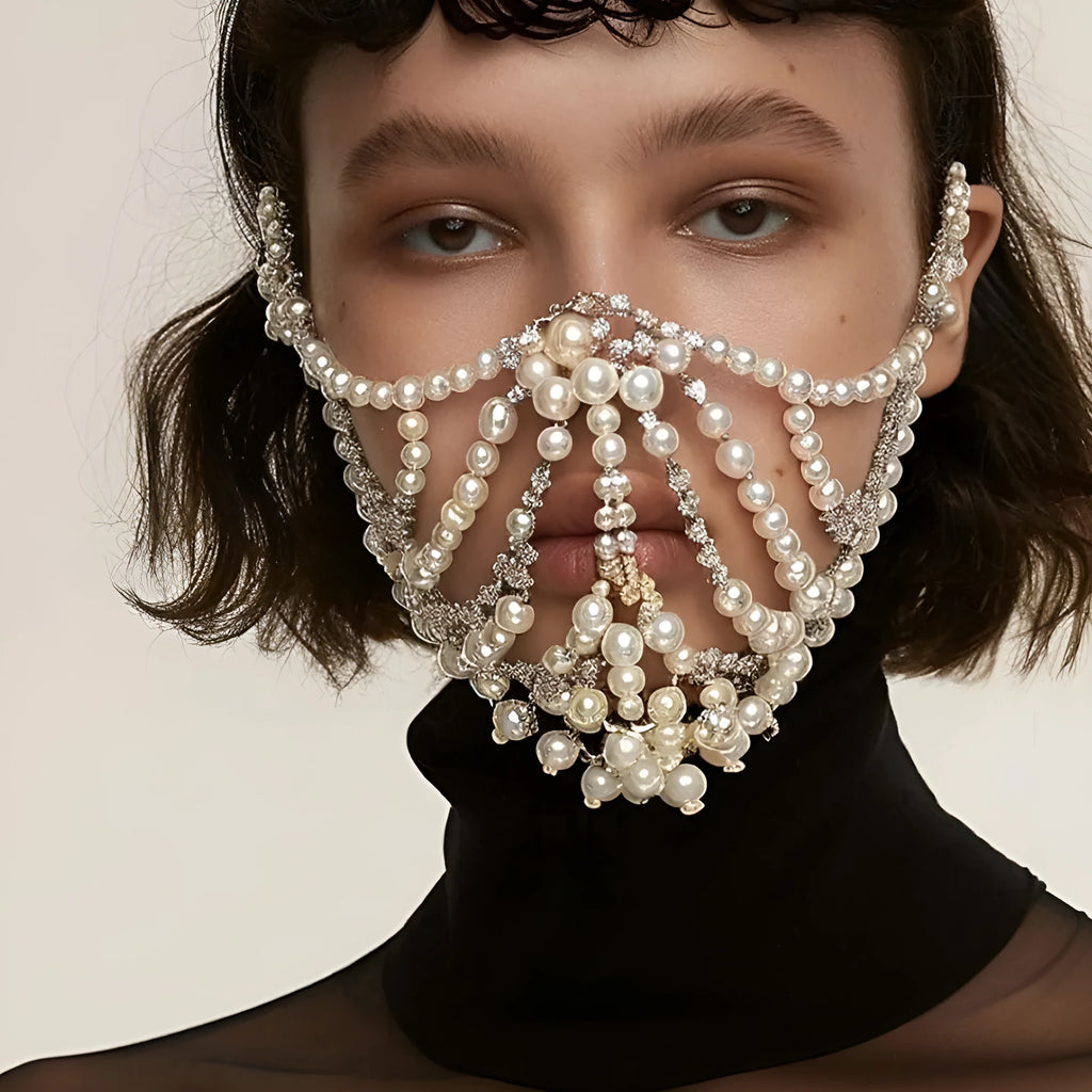 Geometric rhinestone mask with alloy patchwork design in silver or gold electroplated finish