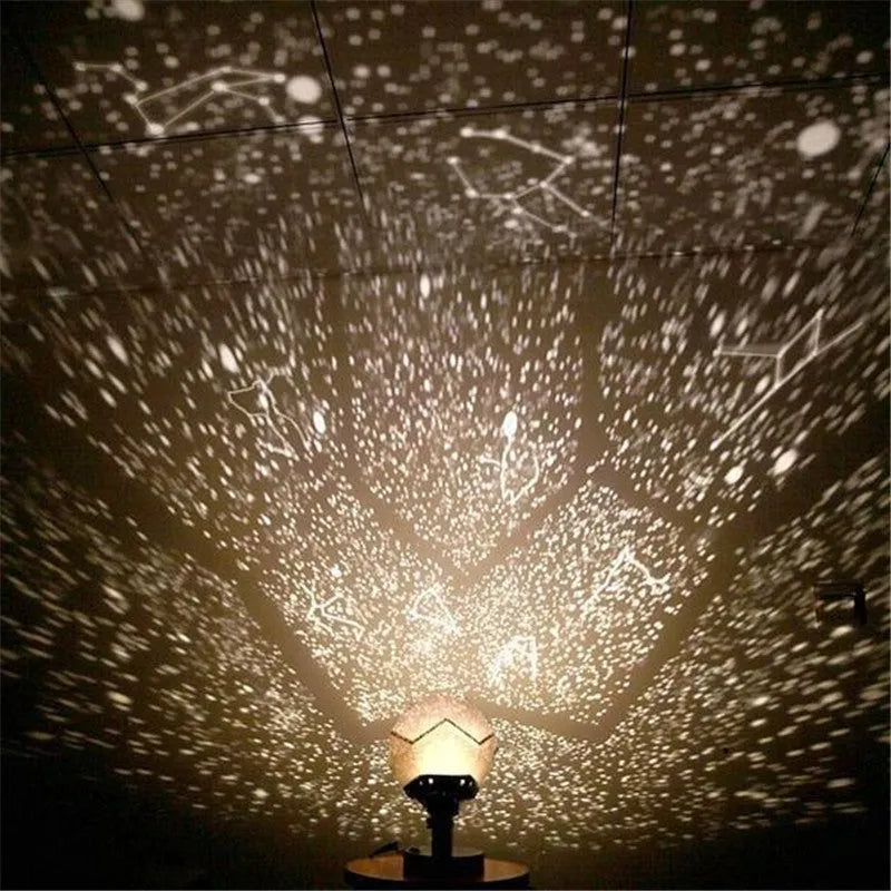 LED star projector night light showing constellation projection on bedroom ceiling with remote control