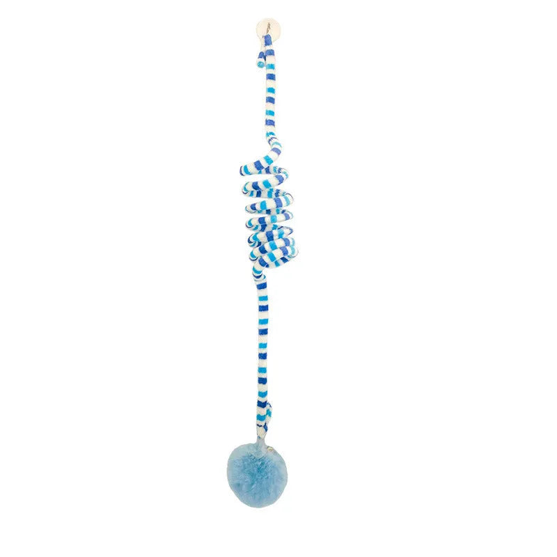 Hanging cat toy with colourful spring bell stick and inflatable ball attached to clear suction cup