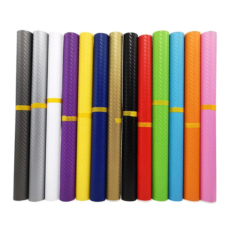 Roll of 3D carbon fiber patterned vinyl sticker for car decoration, showing textured surface