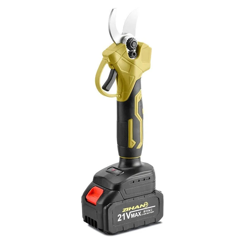 Cordless electric pruning shears with lithium battery in a plastic storage case.