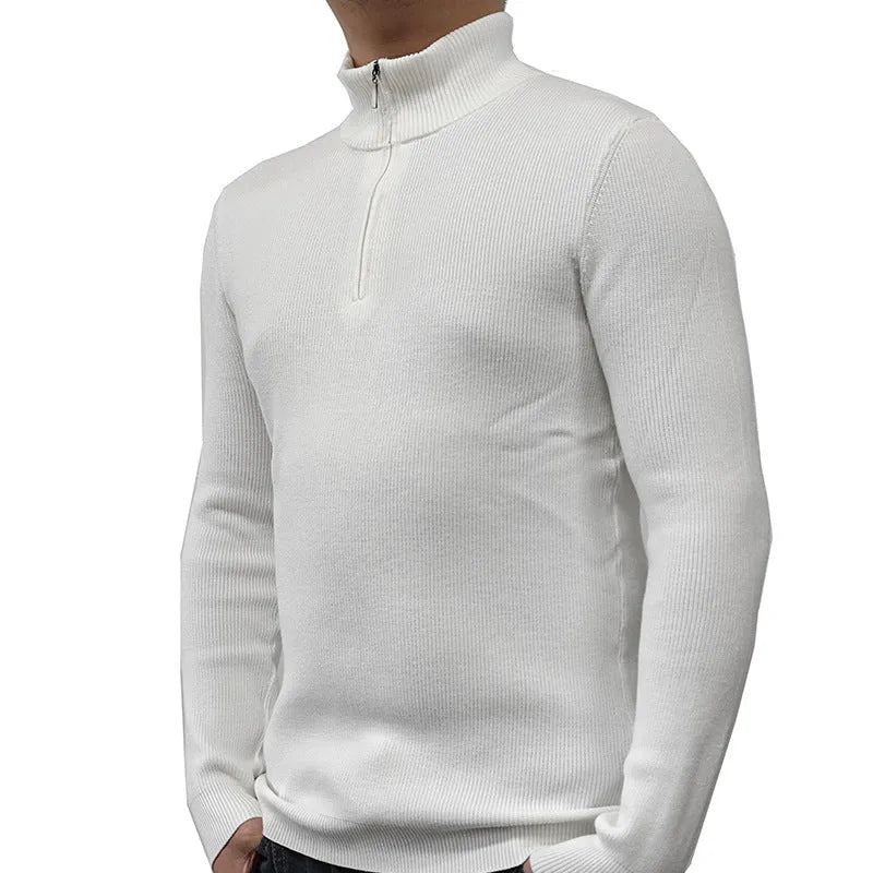 Man wearing a green half-turtleneck zip-up sweater, a casual pullover for spring or autumn.