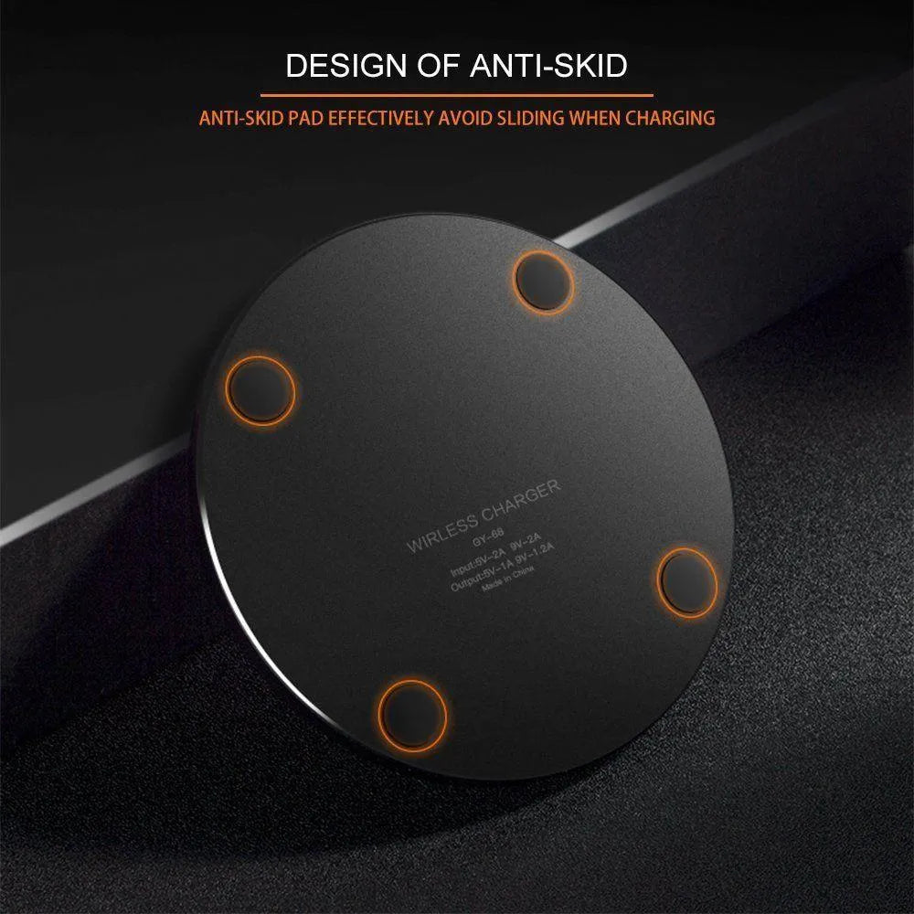Black square wireless charging pad with ultra-thin profile and USB cable for fast 9V QI charging