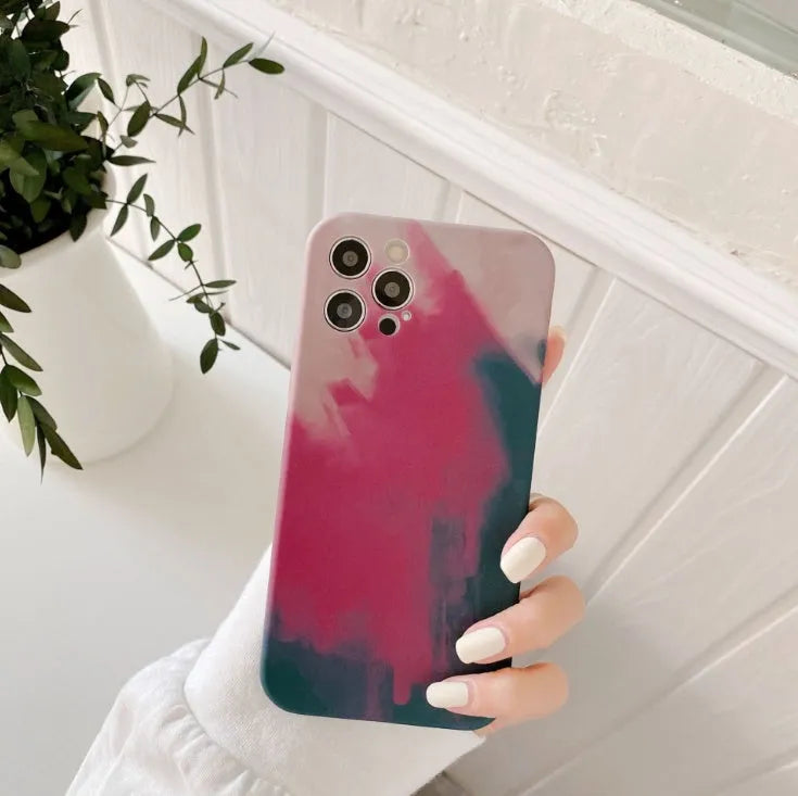 Soft silicone phone case with oil painting gradient geometry abstract design in blue, green, pink, or purple for iPhone.
