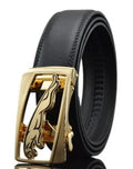 Men's black leather belt with automatic buckle showing cowhide texture and decorative pattern options