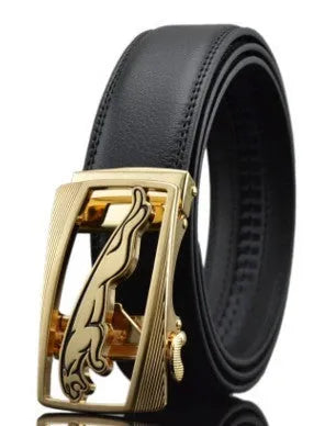 Men's black leather belt with automatic buckle showing cowhide texture and decorative pattern options