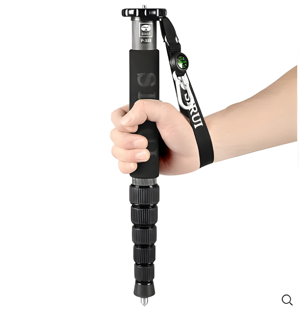 Black carbon fibre camera monopod fully extended with six telescoping sections