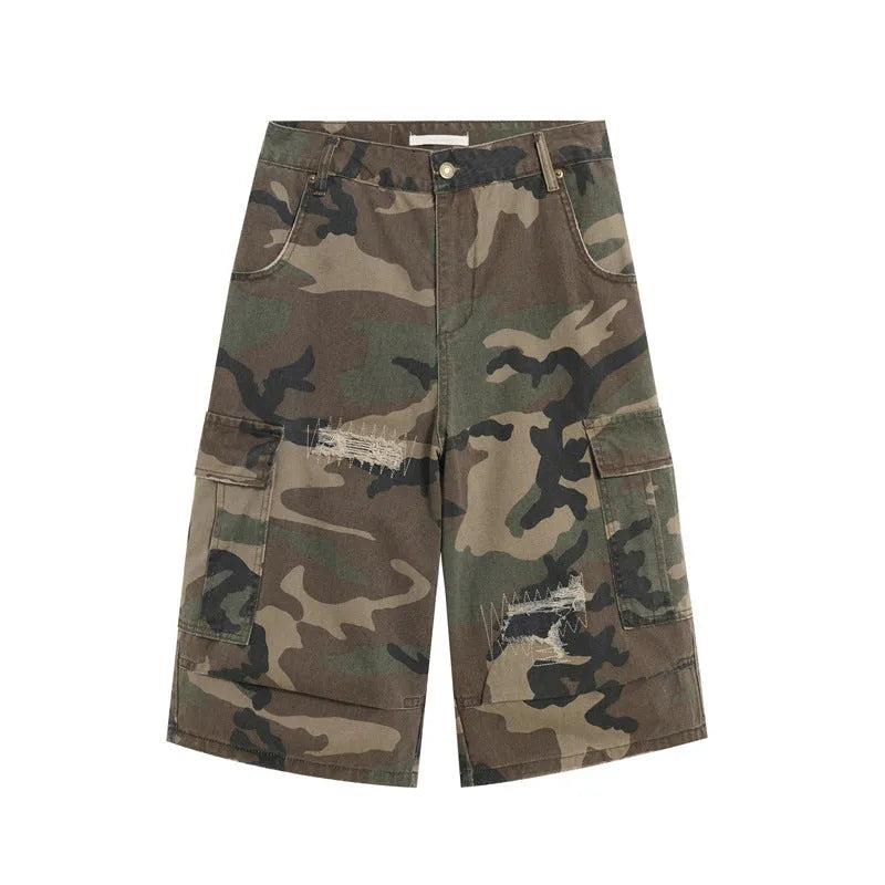 Men's camouflage cropped jeans with ripped detailing and loose straight leg fit