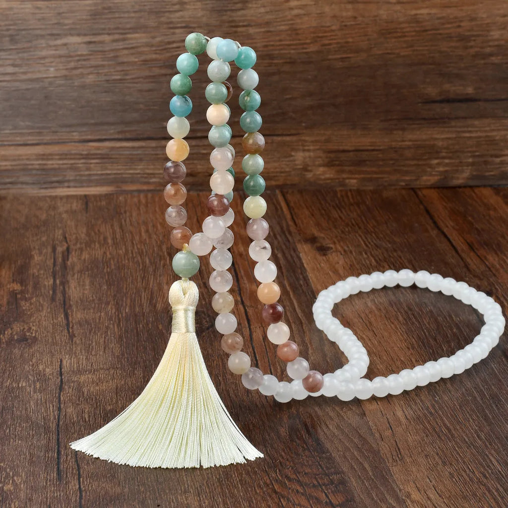 Long natural stone tassel necklace with 108 beads and mixed gem pendant