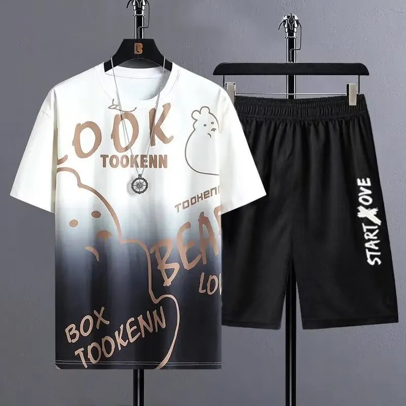 Men's light blue ice silk short sleeve T-shirt and matching shorts summer suit set laid flat.