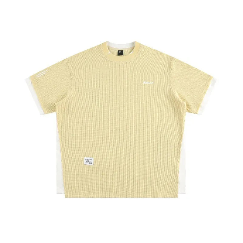 Retro alphabet embroidered waffle-knit T-shirt in loose-fitting casual style