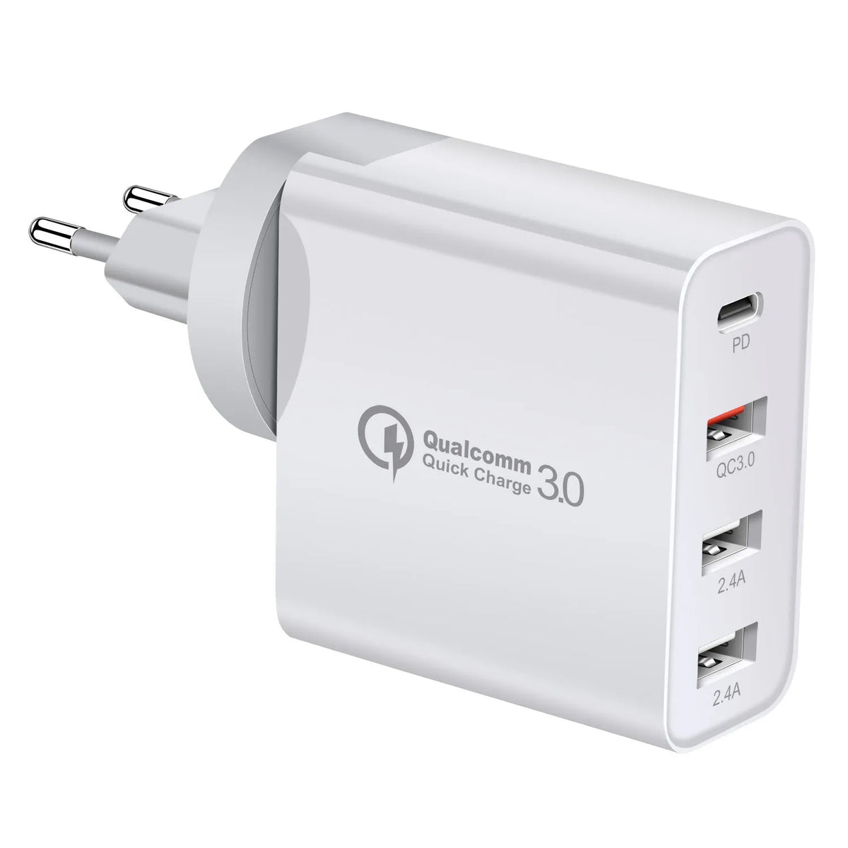 Black or white four-port USB-C charger with global plug options including AU, EU, UK, and US standards