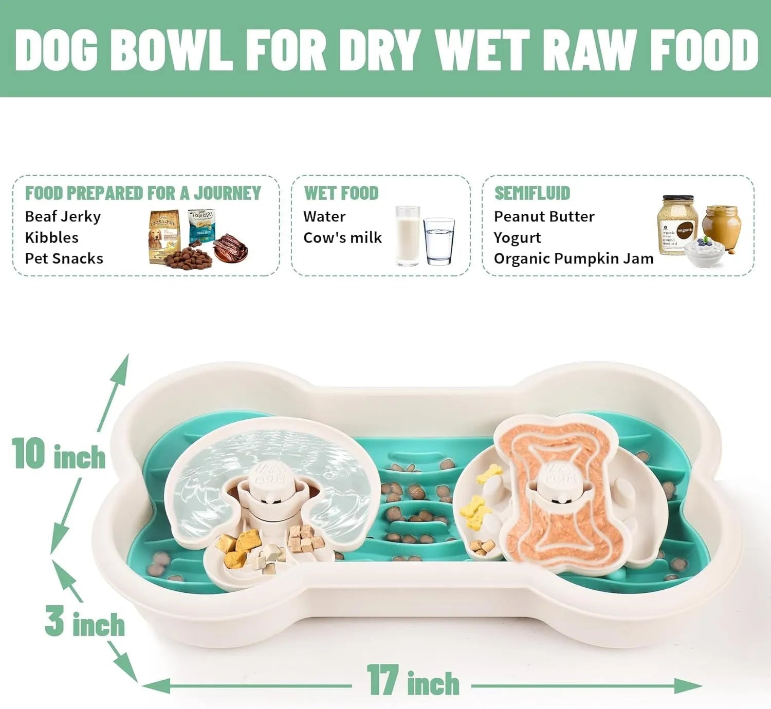 Large green slow feeder dog bowl with wave-pattern trays and suction cups on a wooden floor.