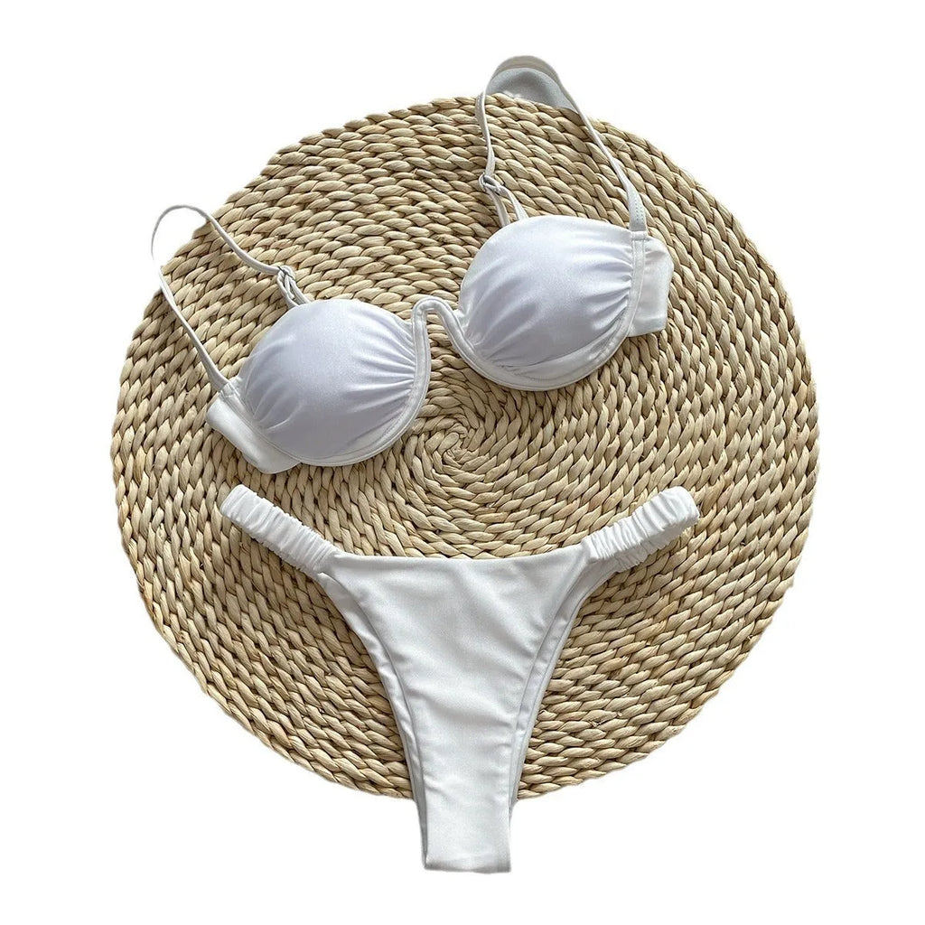 Women's underwire bikini swimsuit with split briefs in black colour showing European sizing