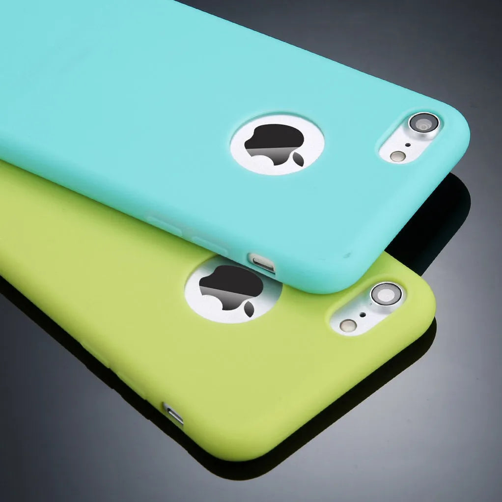 Soft silicon TPU phone back cover for iPhone in candy colours: black, blue, green, navy, pink, red.