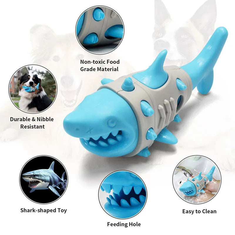 Shark tooth patterned dog chew toy for teething puppies and dental cleaning in blue colour