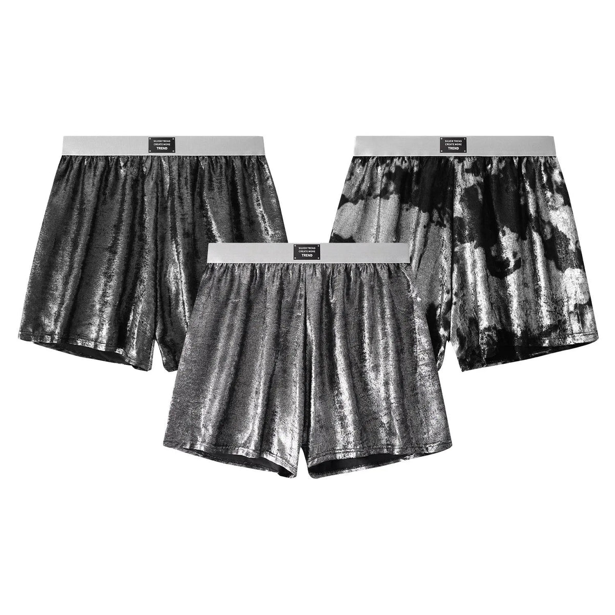 Galaxy reflective bright silver casual woven underwear in polyester fabric with loose fit sports design
