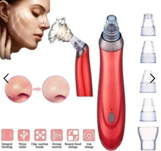 Black electric blackhead remover device with vacuum suction function and different coloured nozzles.