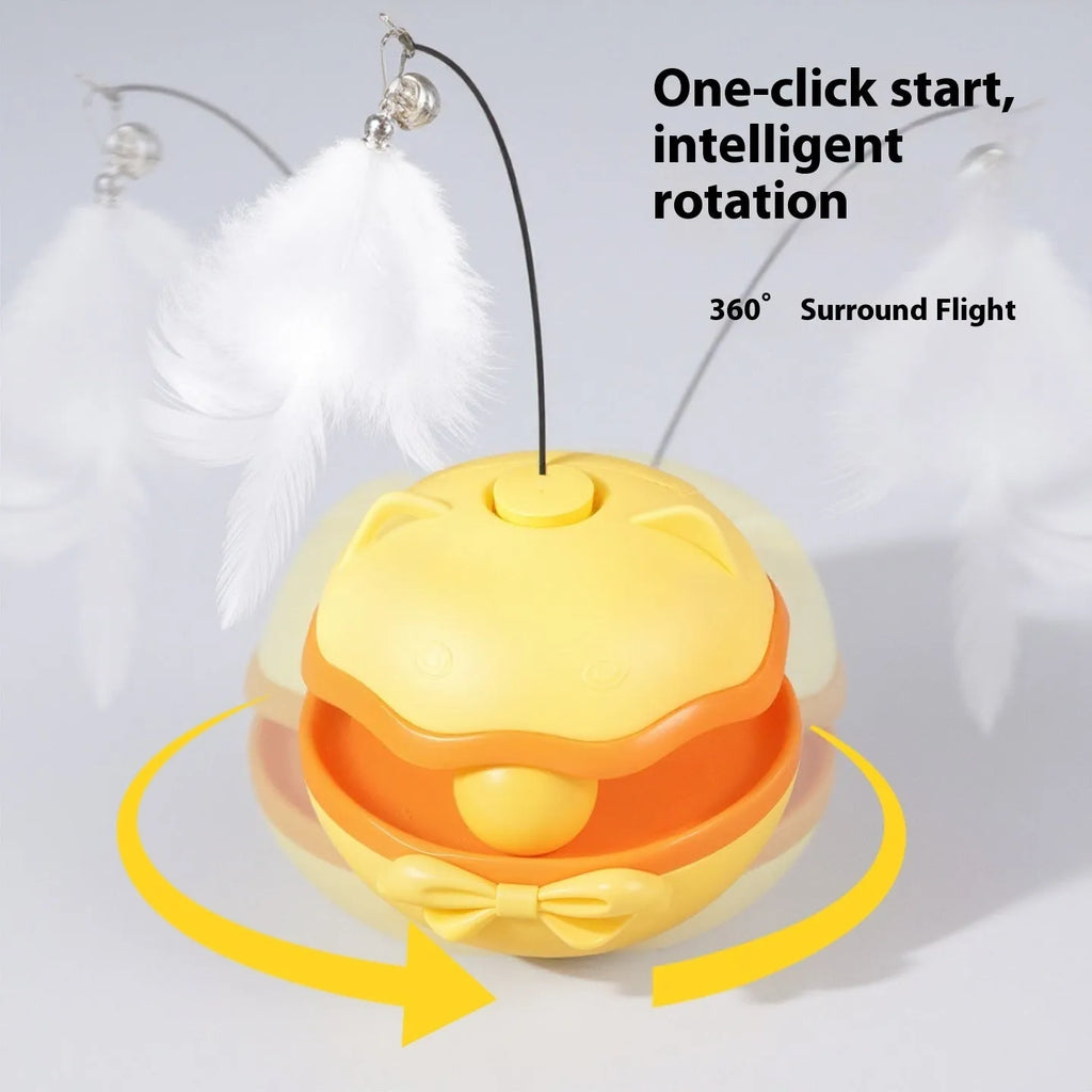 Electric self-righting cat tumbler toy in lemon yellow, sky blue, and soft fog grey colour options.