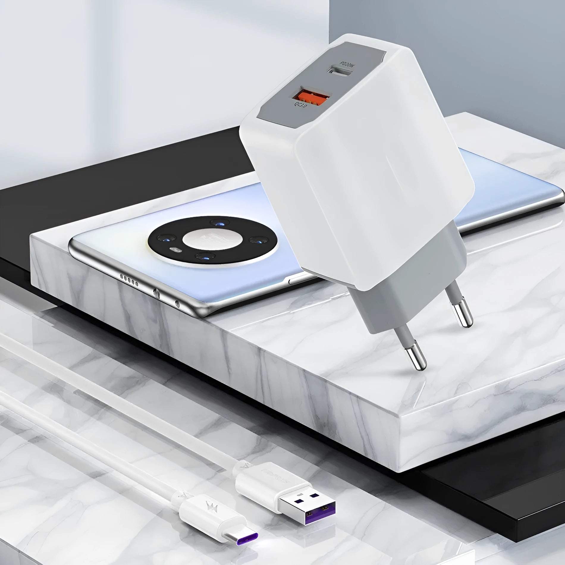 White European standard fast charge charger set with USB interface and compact charging head