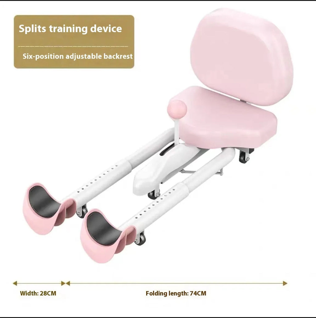 Pink and blue leg stretching machine with steel frame and foam padding, shown with and without a backrest.