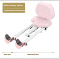 Pink and blue leg stretching machine with steel frame and foam padding, shown with and without a backrest.
