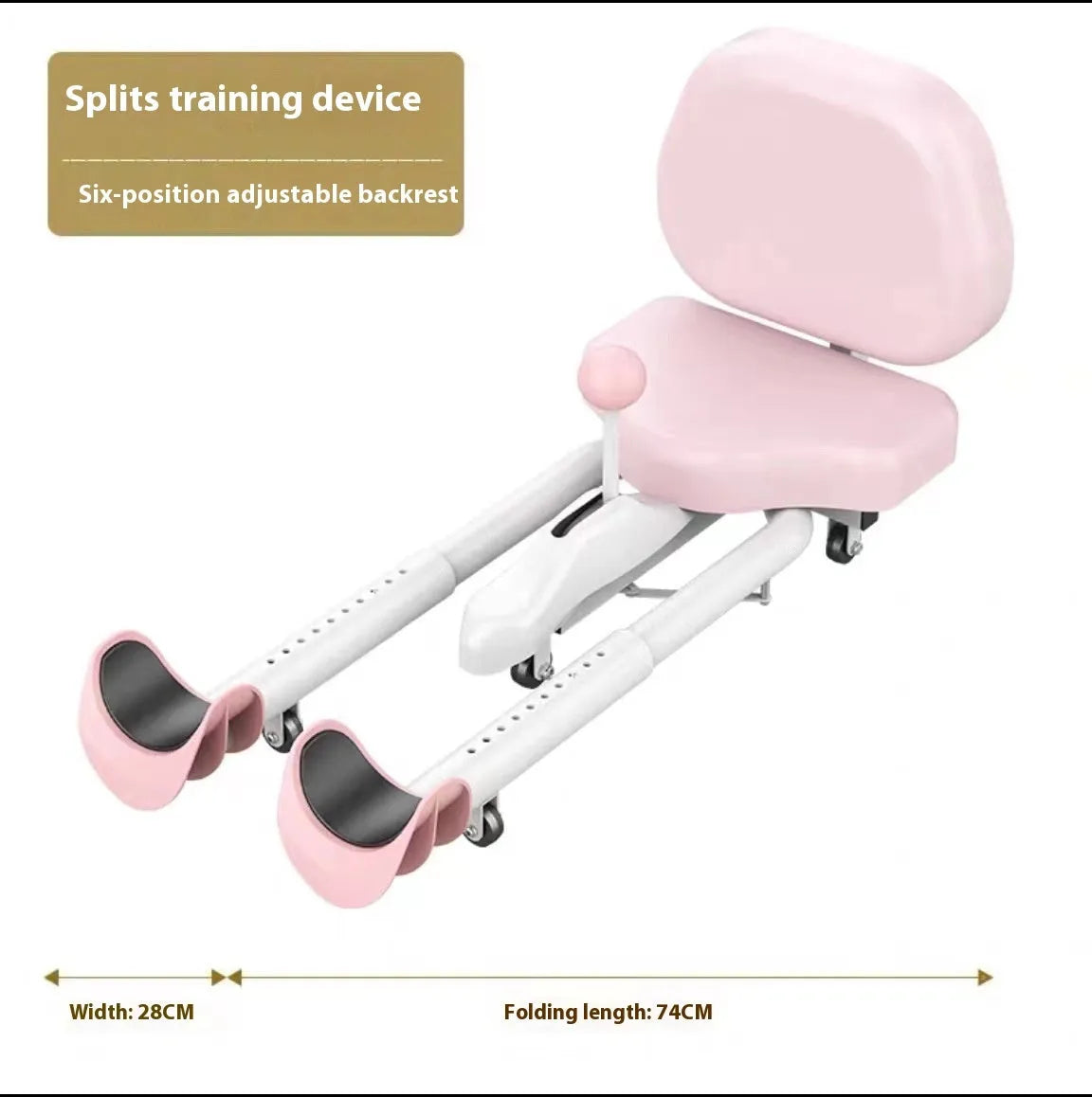Pink and blue leg stretching machine with steel frame and foam padding, shown with and without a backrest.