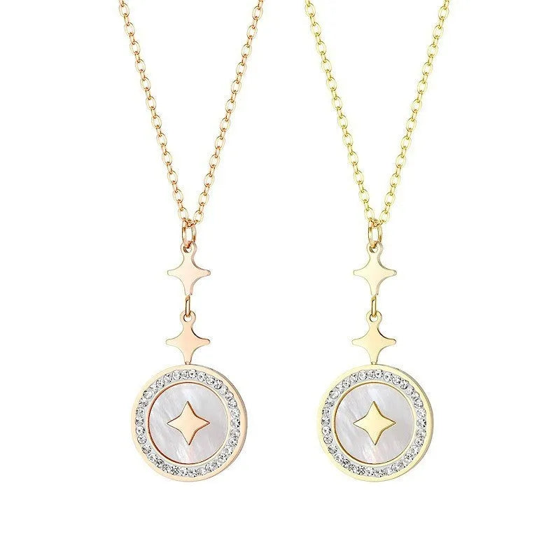 Gold titanium steel necklace with six-pointed star pendant and diamond accents on 42cm chain