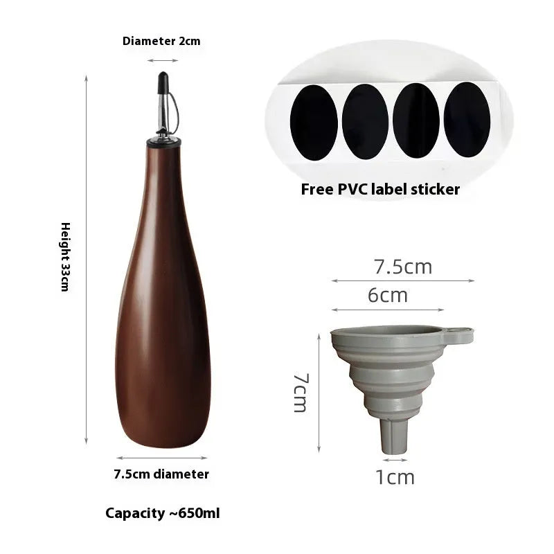 Ceramic oil pot with brush and funnel in black, coffee, or white colour, 650ml capacity.