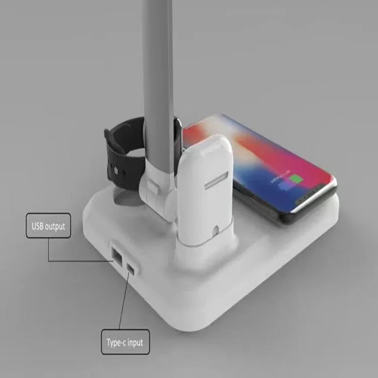 Black and white 4-in-1 LED desk lamp with wireless charging base and USB-C port