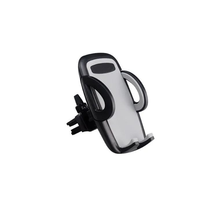 Black plastic mobile phone holder clipped to a car air conditioning vent.