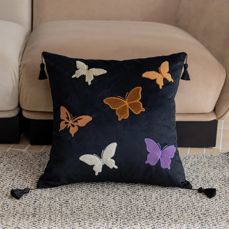 Square embroidered butterfly cushion with Chinese pattern in beige black purple colours