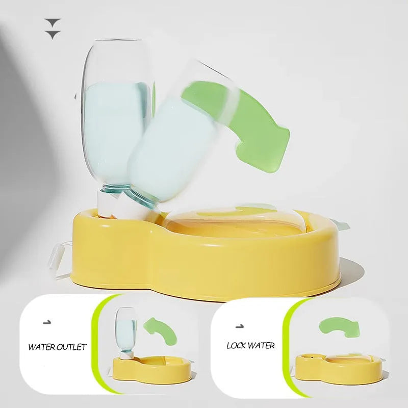 Green portable dog travel cup with pull-out drinking bowl and handle, shown with orange and yellow colour options.