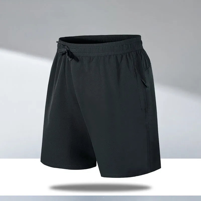 Men's loose-fit quick-drying sports shorts in thin ice silk polyester fabric on a summer background.