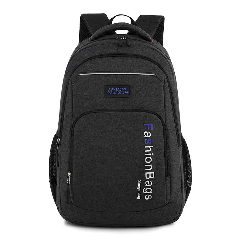 Fashion nylon backpack in black with double shoulder straps and multiple zipper compartments for travel and computer storage