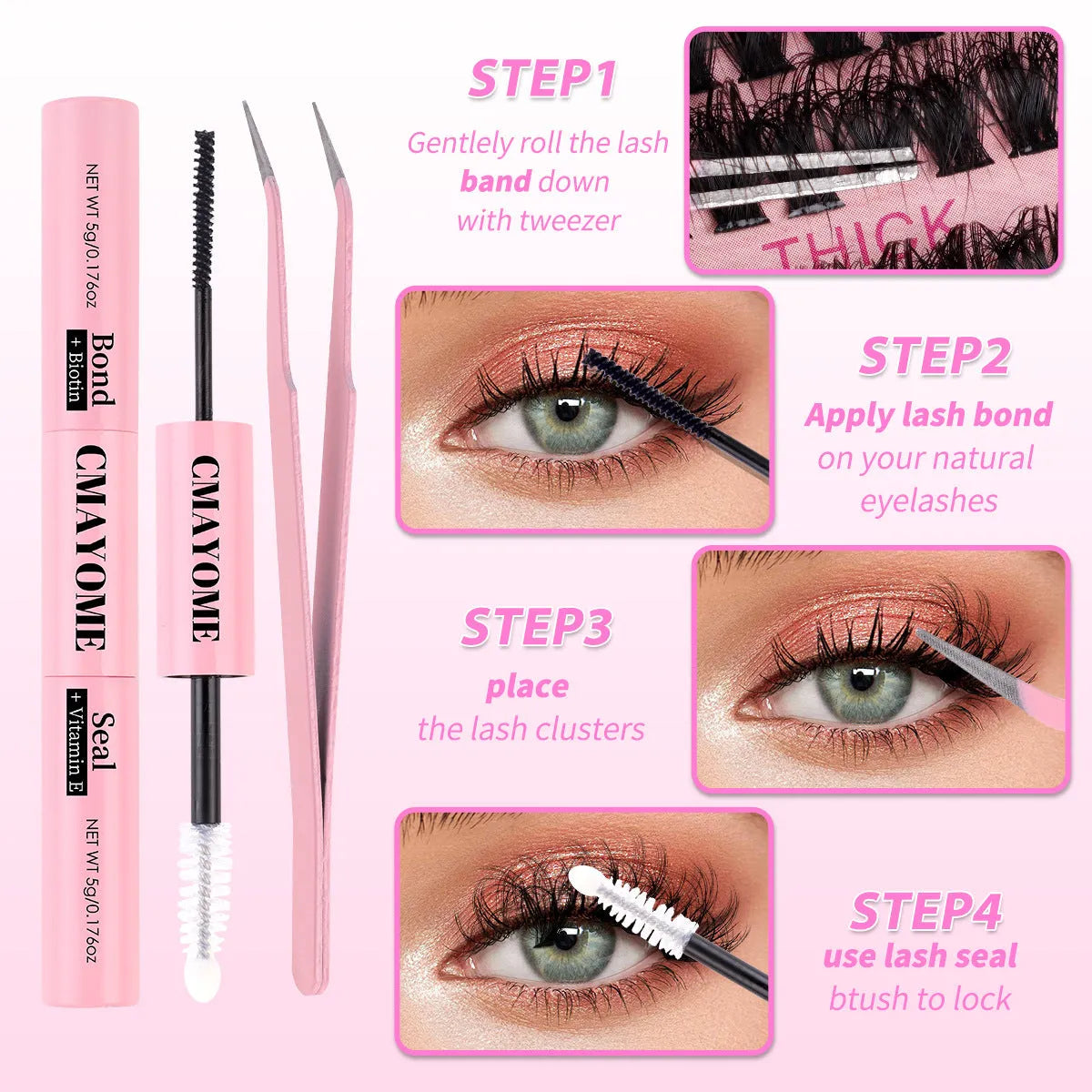DIY single cluster segment false eyelashes set with application tweezers in sizes DIY-SET-402 and DIY-SET-403