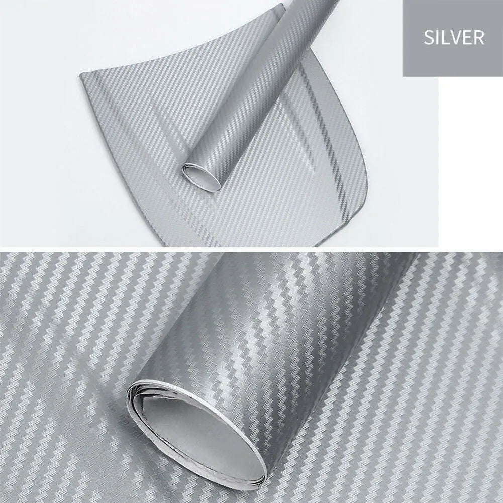 Roll of 3D carbon fiber patterned vinyl sticker for car decoration, showing textured surface