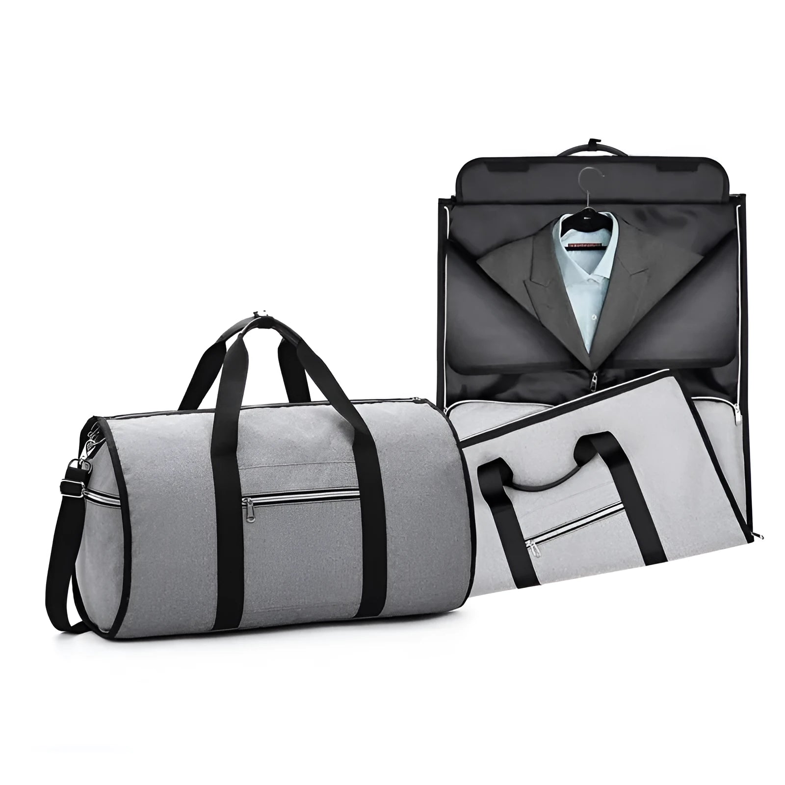 Cylinder-shaped travel bag in red, light grey, blue, or black with a zipper opening and Oxford cloth material.