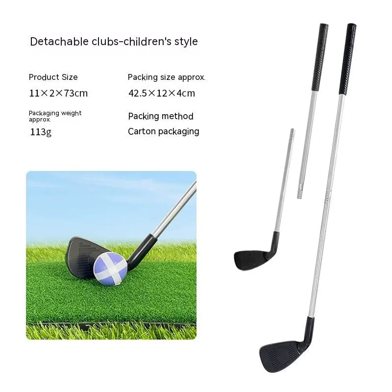Silver metal golf club set showing adult and children's sizes for outdoor recreation