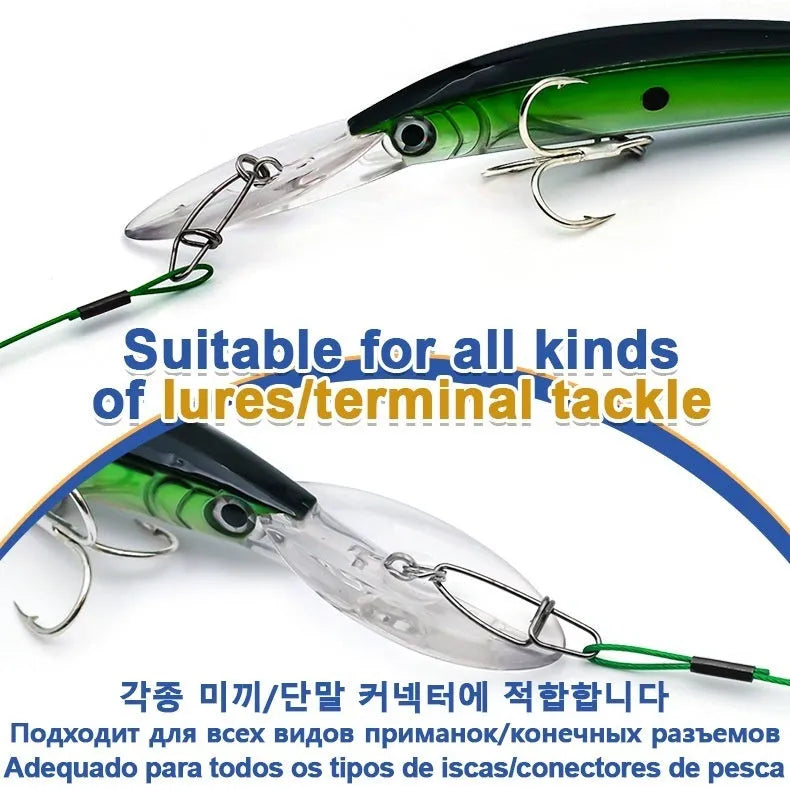 Set of ten green anti-bite steel wire fishing leaders with double buckle pins, each 54cm long.