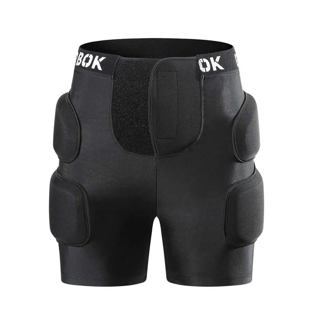 Adult black spandex hip pad pants with built-in protective padding for roller skating and skateboarding.