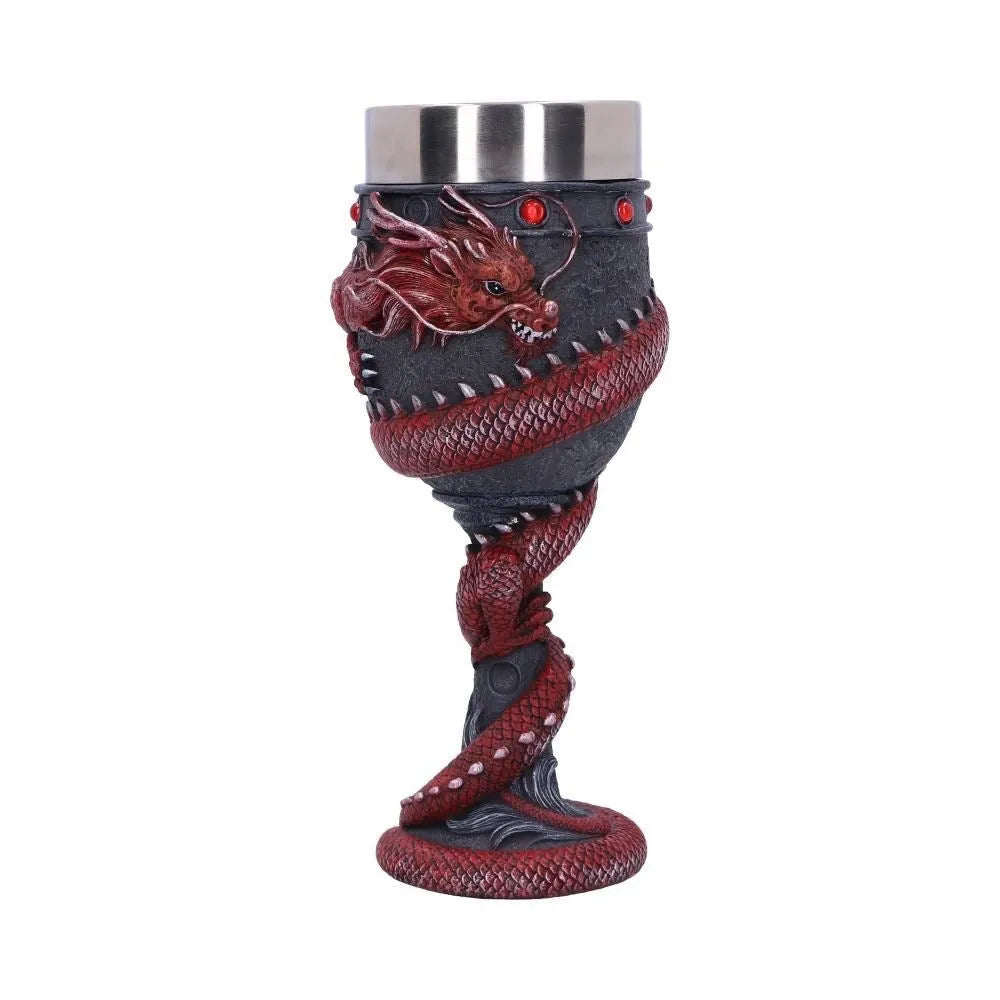 Red wine glass with 3D dragon stainless steel stem, resin base, and 200ml clear glass bowl in gold or red